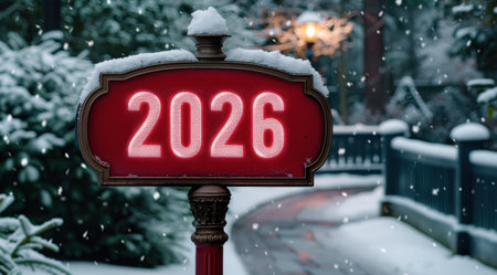 Snowy winter scene with illuminated 2026 signの素材
