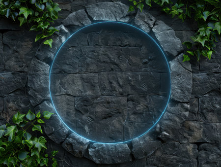 Mystical glass orb surrounded by ivy on stone wallの素材