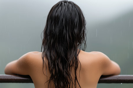 Wet dark hair of a person in the rainの素材