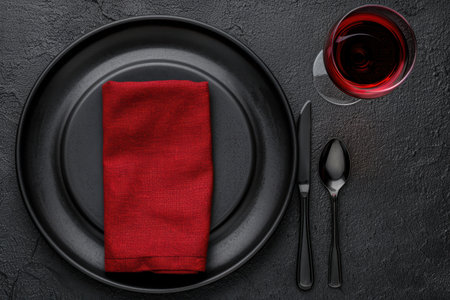 elegant table setting with black plate, red napkin, and glass of red wineの素材