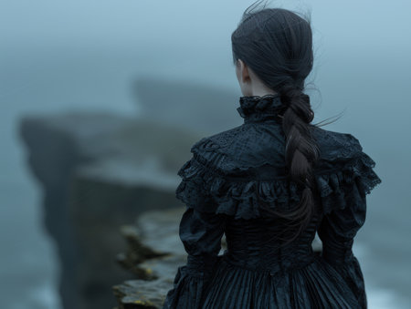 Mysterious woman in dark gothic dress standing by the seaの素材
