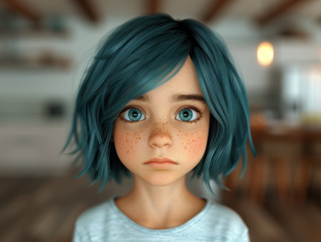 young girl with blue hair and frecklesの素材