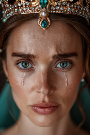 Emotional woman with tears and ornate crownの素材