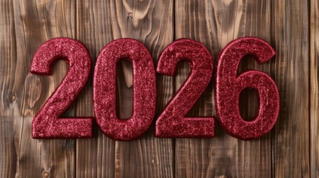 Glittering red 2020 numbers on wooden backgroundの素材