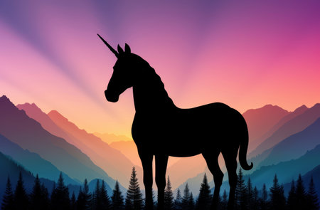 Silhouette of a unicorn against a colorful mountain landscapeの素材