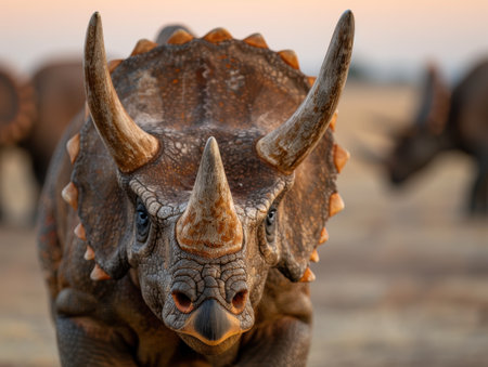 close-up of a fierce-looking triceratops dinosaurの素材