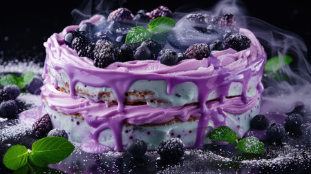 Delicious layered cake with blackberries and mintの素材