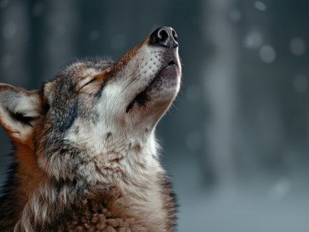 close-up of a wolf howling in the darkの素材