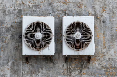 Pair of old industrial air conditioning units on a weathered concrete wallの素材
