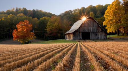 Autumn landscape with barn and golden fieldsの素材