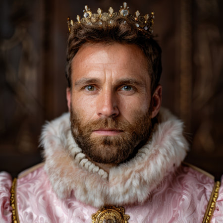 Bearded man wearing a crown and fur-trimmed coatの素材