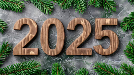 new year 2025 wooden numbers with pine branchesの素材