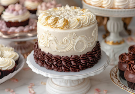 Elegant wedding cake with intricate piping and chocolate rufflesの素材