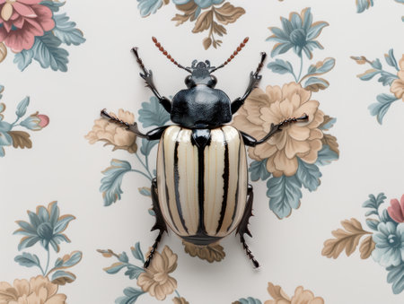 Ornate floral background with black and white beetleの素材