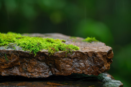 Moss-covered rock in a lush, green forestの素材