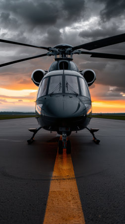 Dramatic military helicopter at sunsetの素材