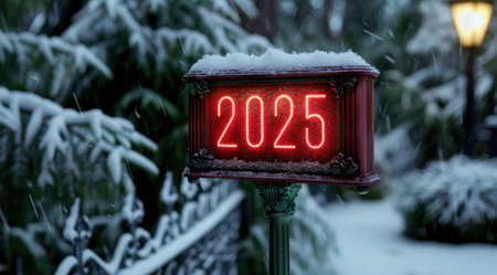 snowy winter night with glowing 2025 signの素材