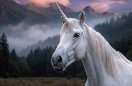 Majestic white unicorn in misty mountain landscapeの素材