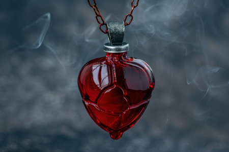 Mysterious red glass heart-shaped perfume bottle with smokeの素材