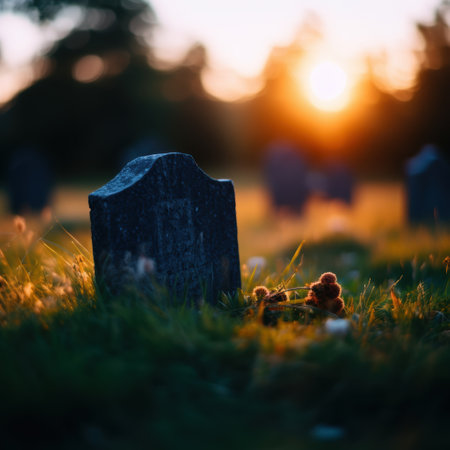 Gravestone in a serene sunset landscapeの素材