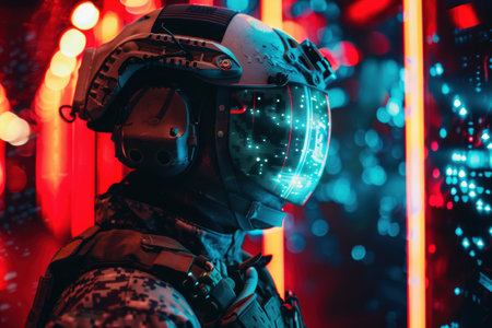 futuristic soldier in tactical gear with illuminated helmetの素材