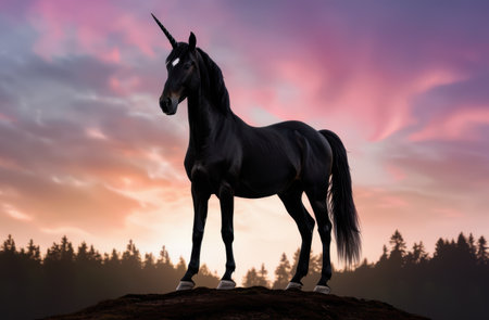 majestic black unicorn silhouette against colorful sunset skyの素材
