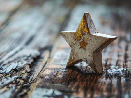 Rustic wooden star ornament on weathered wooden surfaceの素材