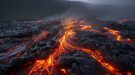 Molten lava flows across a volcanic landscapeの素材