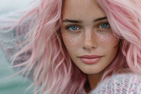portrait of a woman with pink hair and glittering skinの素材