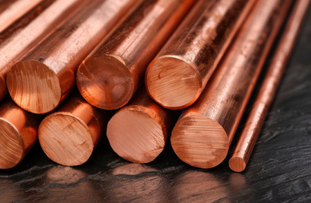 Copper metal rods on wooden surfaceの素材