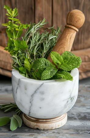 Fresh herbs in a marble mortar and pestleの素材