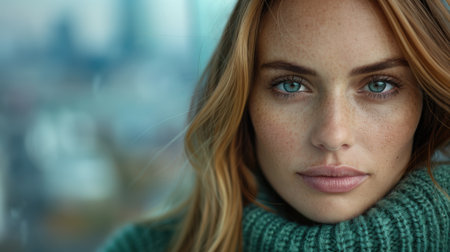 close-up portrait of a thoughtful woman with blue eyesの素材