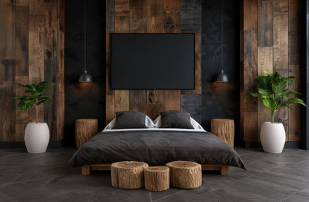 Cozy modern bedroom with wooden wall and plantsの素材