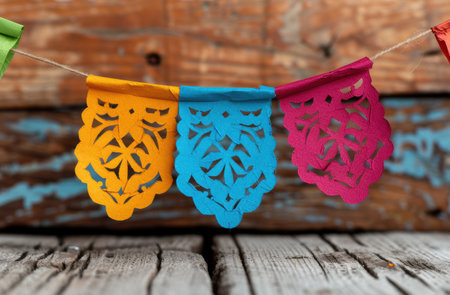 Colorful paper banners hanging on a wooden backgroundの素材