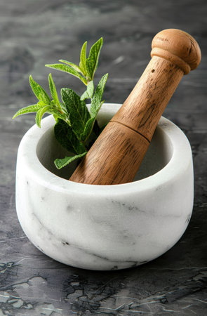 Fresh mint leaves in a marble mortar with pestleの素材