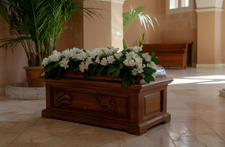 Elegant wooden casket with white flowers in churchの素材