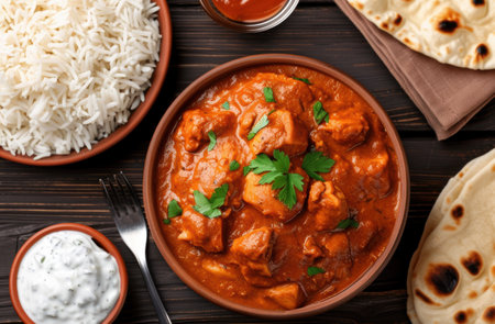 Delicious indian curry dish with rice and naan breadの素材