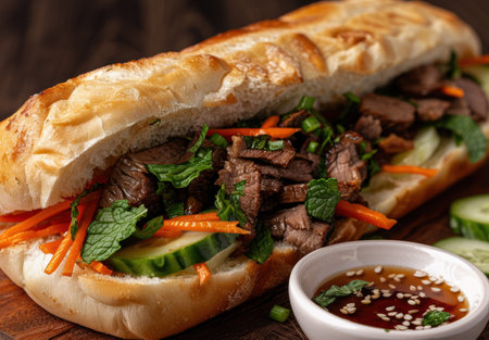 Delicious Vietnamese Banh Mi Sandwich with Beef and Vegetablesの素材