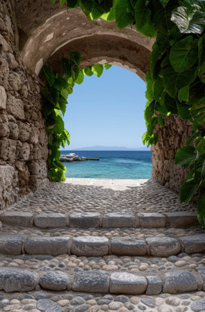 Picturesque archway leading to tranquil beachの素材