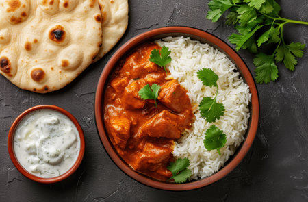 Delicious chicken curry with basmati rice and naan breadの素材
