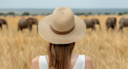 woman in straw hat standing in wheat fieldの素材