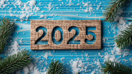 winter holiday season 2025 wooden sign with snow and pine branchesの素材