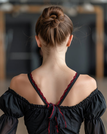 elegant hairstyle with bun on woman's headの素材