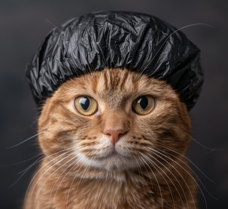 close-up portrait of a cat wearing a shower capの素材