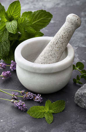 Mortar and pestle with fresh mint leaves and lavender flowersの素材