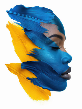 abstract portrait with vibrant blue and yellow paint strokesの素材
