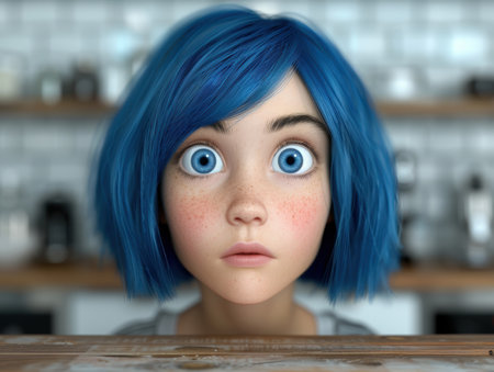 Animated character with blue hair and wide eyesの素材