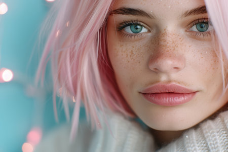 Closeup portrait of a young woman with pink hair and frecklesの素材