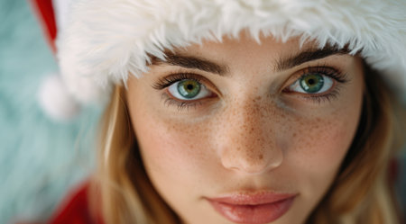 close-up portrait of a woman with green eyes and frecklesの素材