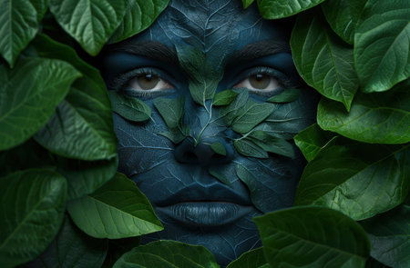 mysterious face hidden in lush green leavesの素材